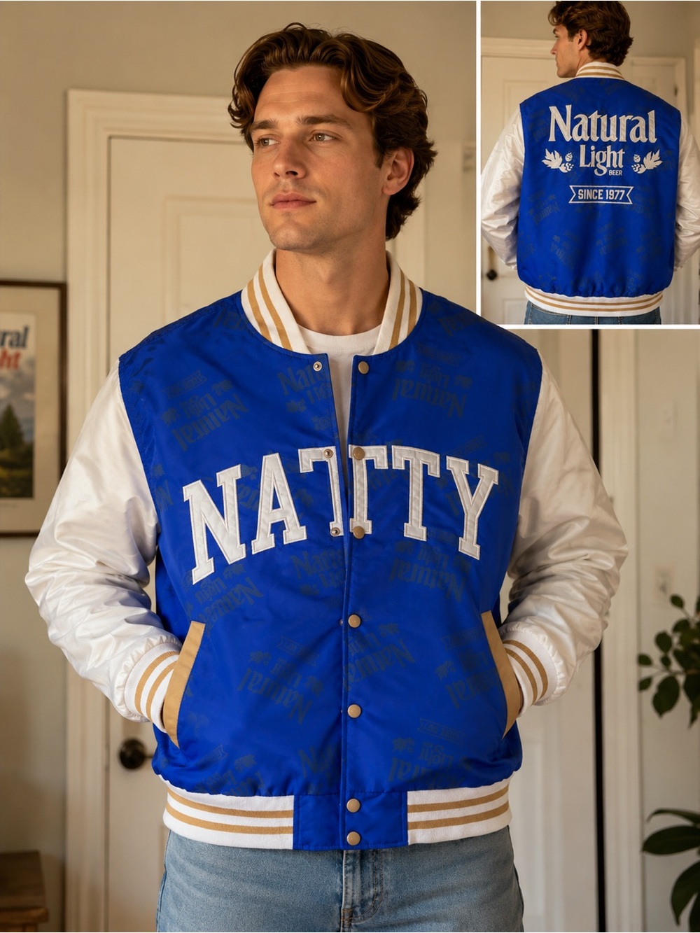 Natural Light Natty Blue Varsity Bomber Jacket Men’s Streetwear Beer Promo Coat